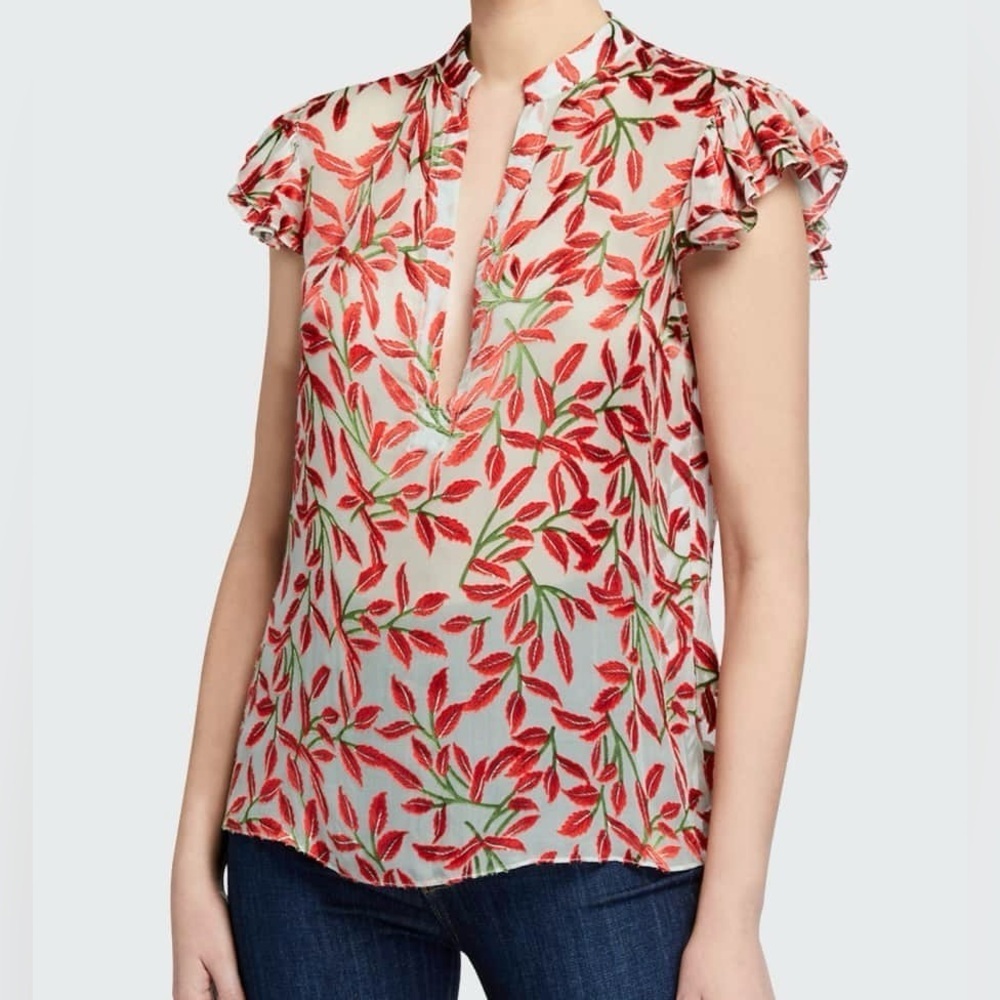 Alice + Olivia Malita Ruffle Mock-Neck Side-Slit Tunic Top, size L